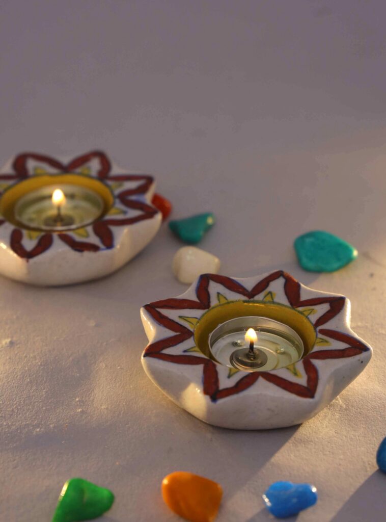 Blue Pottery Candle Stand Home