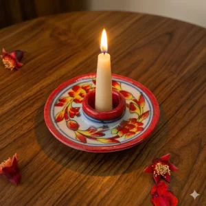 "Hand-painted Jaipur blue pottery pillar candle holder with cobalt blue floral patterns on a white glazed ceramic base, styled as a dinner table centerpiece."