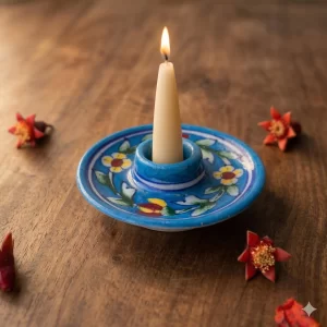 "Hand-painted Jaipur blue pottery pillar candle holder with cobalt blue floral patterns on a white glazed ceramic base, styled as a dinner table centerpiece."